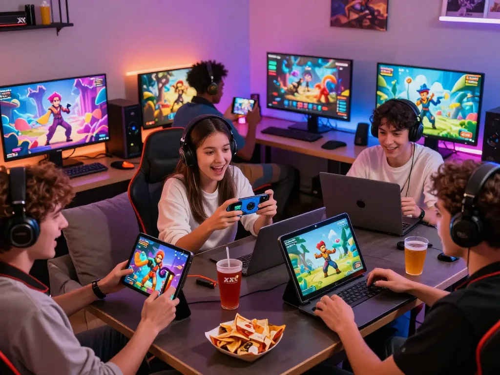 Players enjoying xxx games on various devices in a vibrant gaming environment.