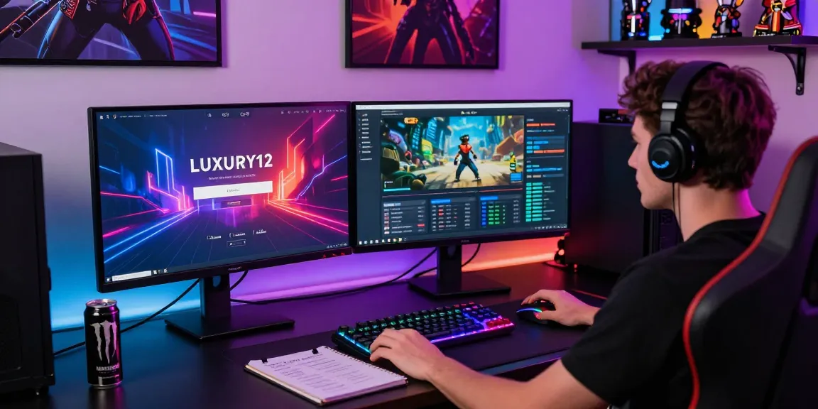 Proses LUXURY12 Login dengan gamer fokus di meja kerja modern