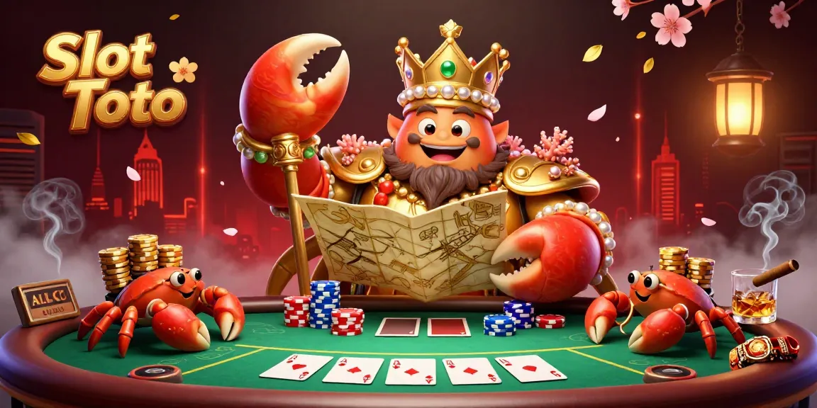Play exciting Slot Gacor Toto in a vibrant scene featuring a golden crab emperor and poker elements.