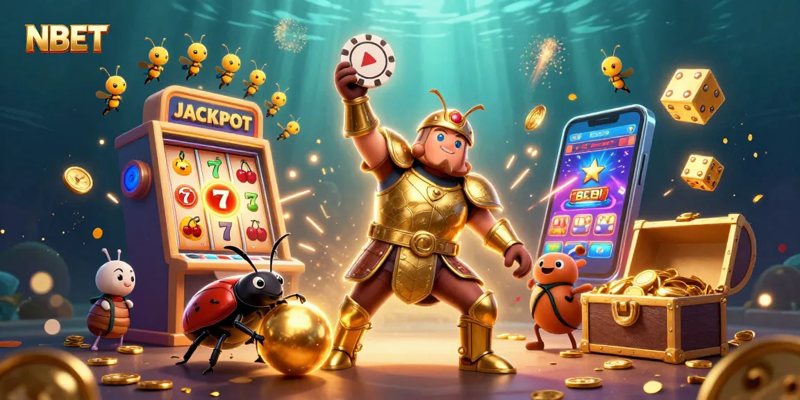 NBET showcases a victorious beetle lifting a poker chip amidst a vibrant casino jackpot scene.