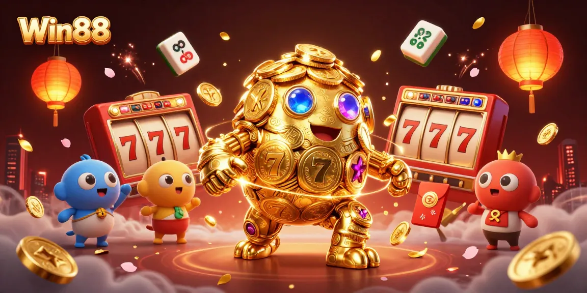 Win88 invites players to spin slot reels with a dynamic golden golem at a vibrant casino setting.