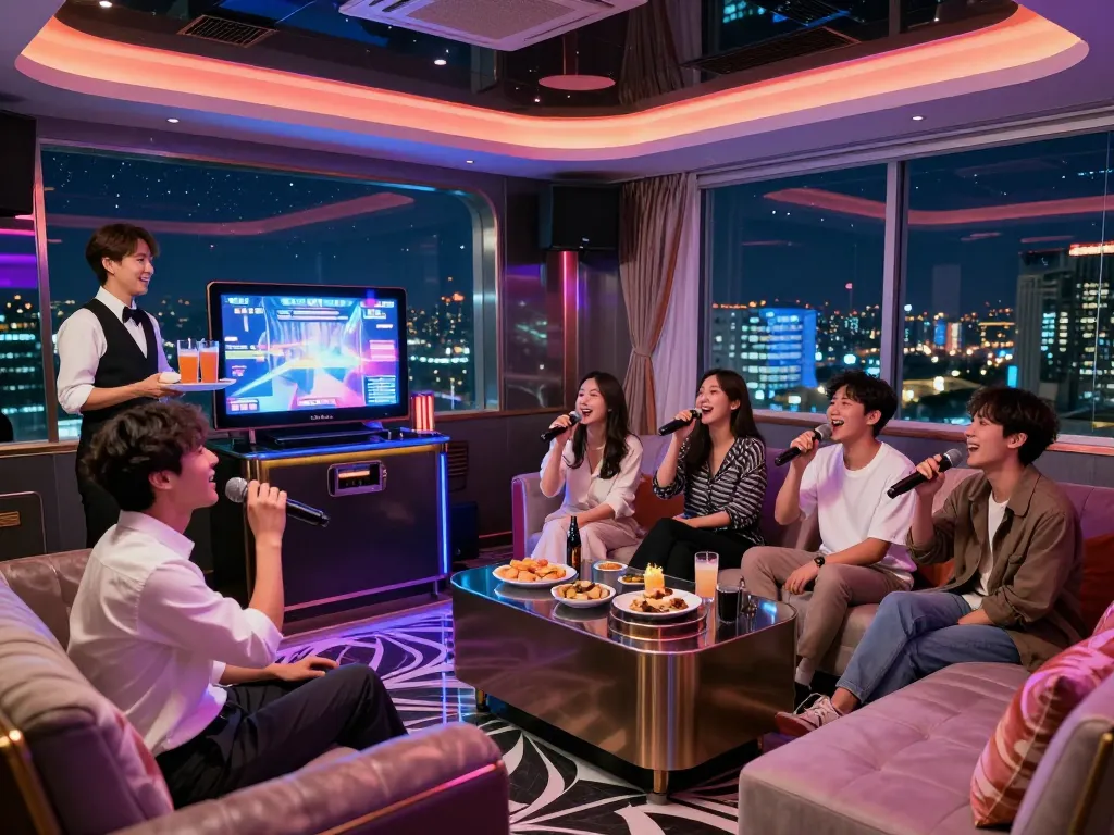 친구들과 함께 즐겁게 노래하는 활기차고 고급스러운 가라오케 장소에서의 흥미로운 강남가라오케 경험.