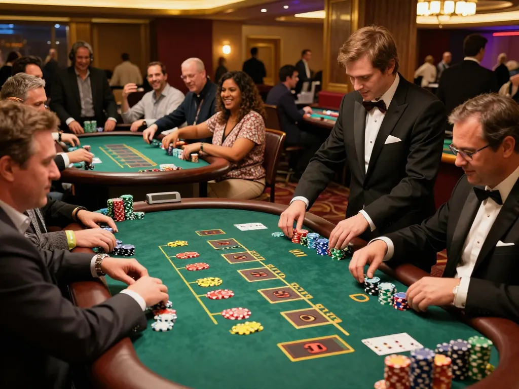 Engaged players enjoying blackjack at SC88 com, vibrant casino atmosphere with colorful chips.