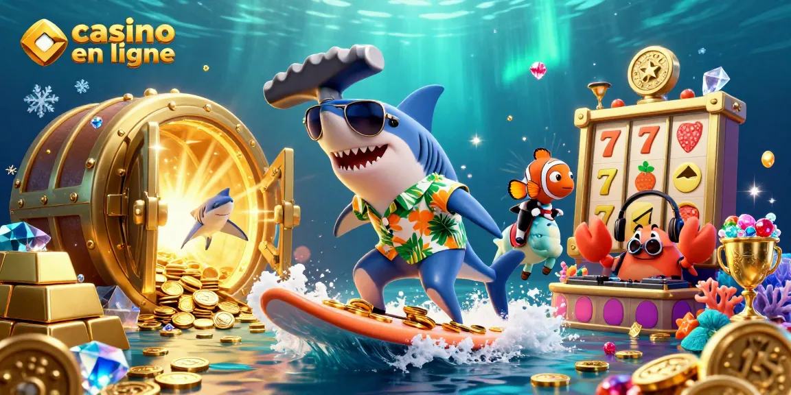 Plongez dans l'univers du casino en ligne avec un requin et un poisson clown entourés de pièces d'or.