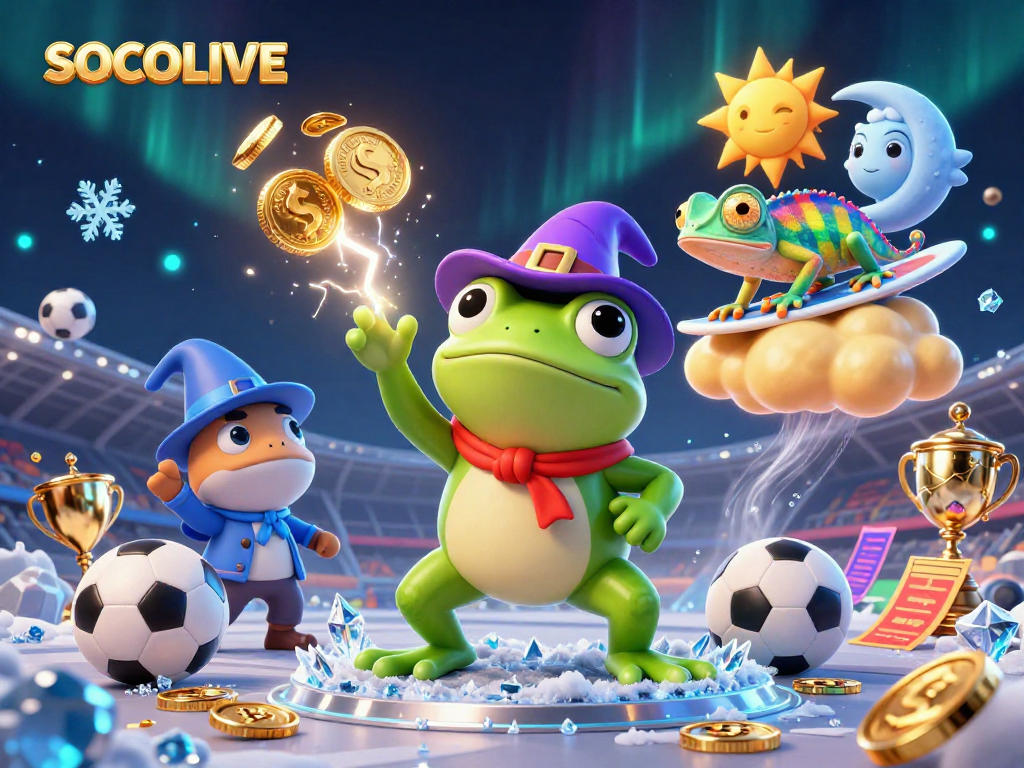 SOCOLIVE introduces a dynamic sports betting scene with characters creating excitement and golden coins.