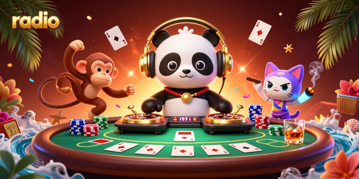 Engage with the radio experience featuring a DJ panda and vibrant gaming elements in this lively casino scene.