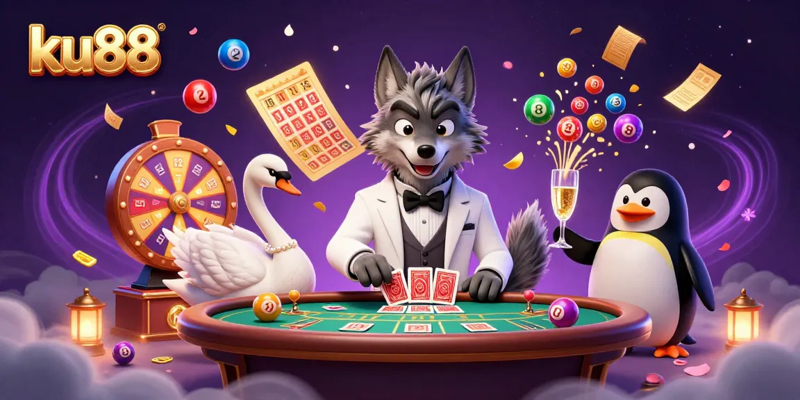 ku88 features a debonair wolf and elegant swan at a lively casino scene