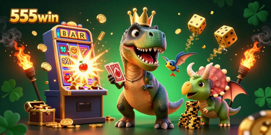 Experience the thrill of winning with 555win in this vibrant casino scene featuring colorful slot machines and playful characters.