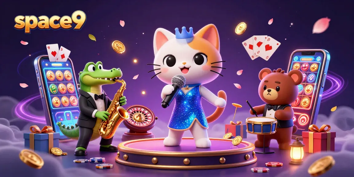 Experience the thrill at Space9 Casino with lively characters in a vibrant 3D casino scene.