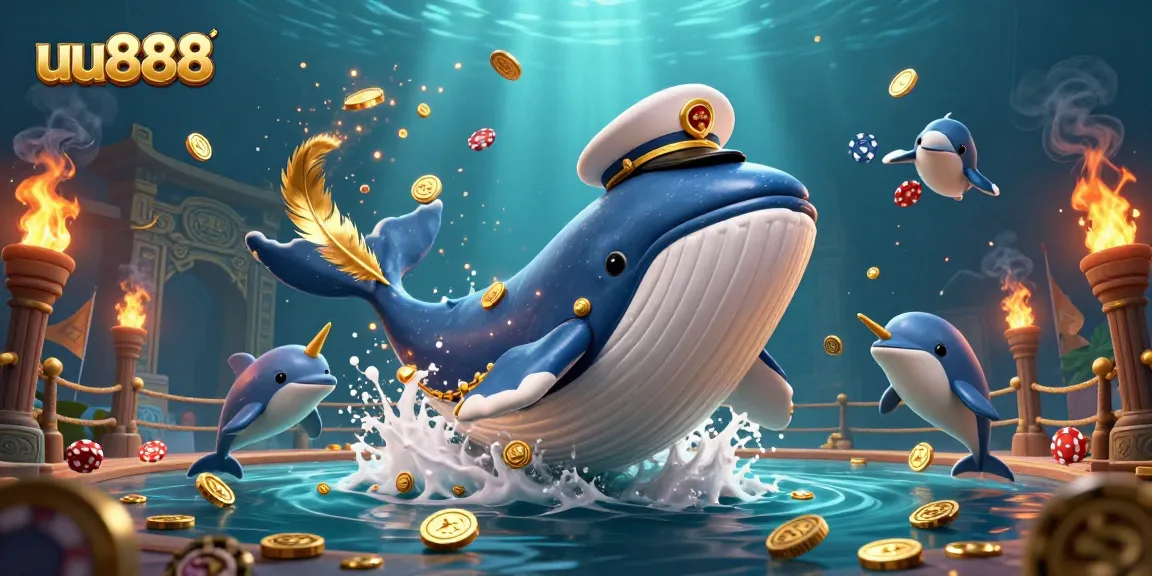 uu888 dives into exhilarating slots with a vibrant scene of whales and dolphins among golden coins.