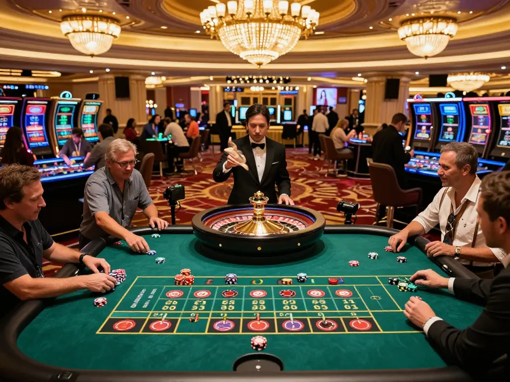 Watch players engage at a lively roulette table in a Vegas casino, featuring 11win gaming excitement.