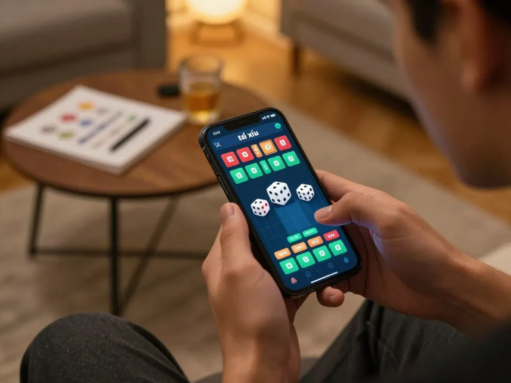 Tài xỉu online gameplay on a smartphone, highlighting mobile betting experience in a cozy living room.