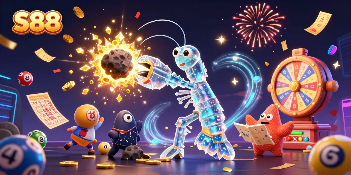 Experience vibrant S88 game excitement with a galactic mantis shrimp breaking through an asteroid.