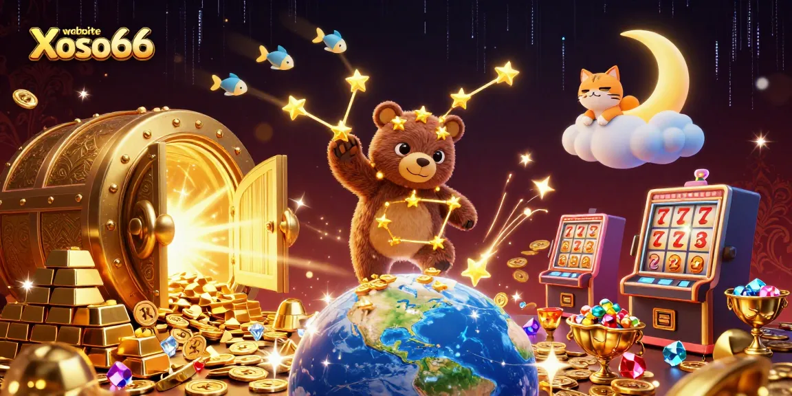 Engage with exciting games at website Xoso66, featuring vibrant 3D visuals of casino elements and characters.