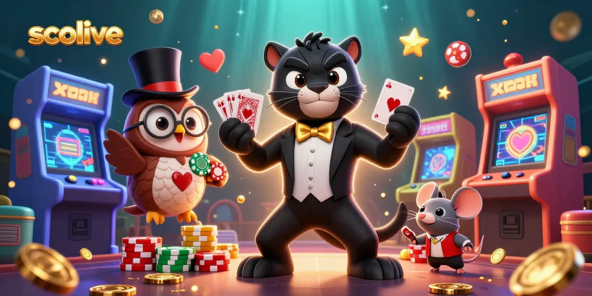 Socolive engaging gaming experience with cartoon characters dealing cards and poker chips amidst vibrant casino elements.