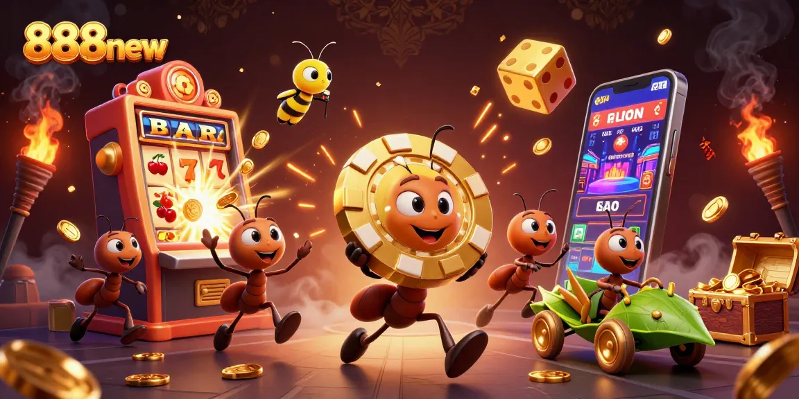 Ants heist scene with a golden poker chip at 888new casino amidst bursts of color and jackpot excitement.