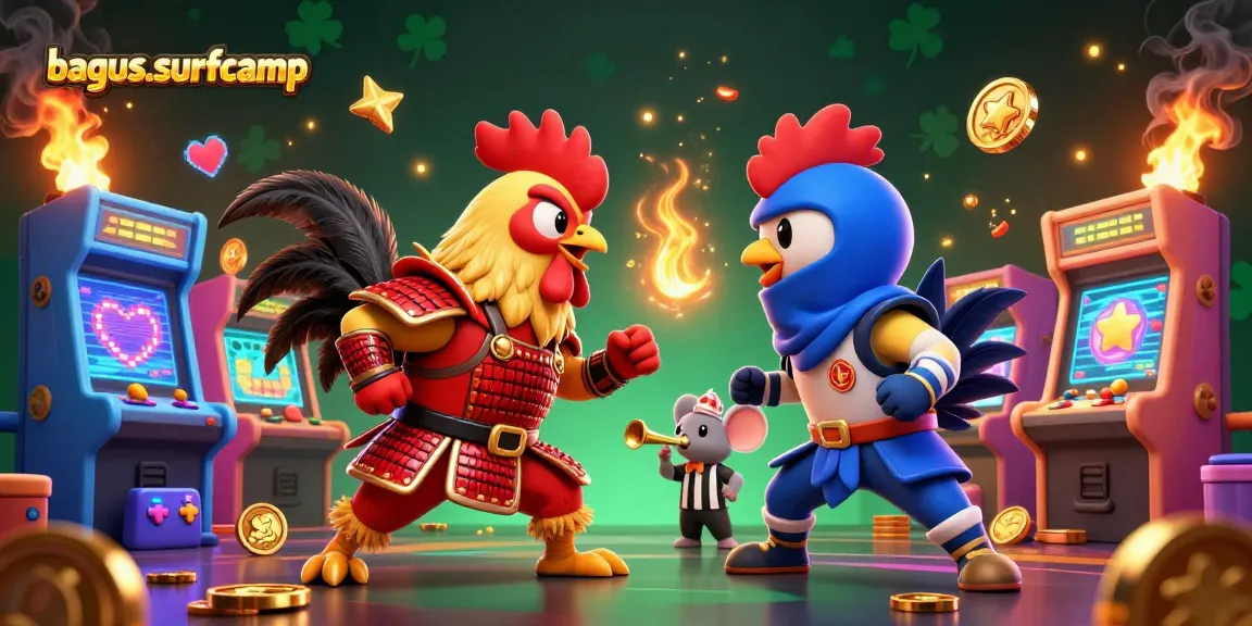 Experience thrilling gameplay at bagus-surfcamp with cartoon roosters, arcade machines, and casino elements.
