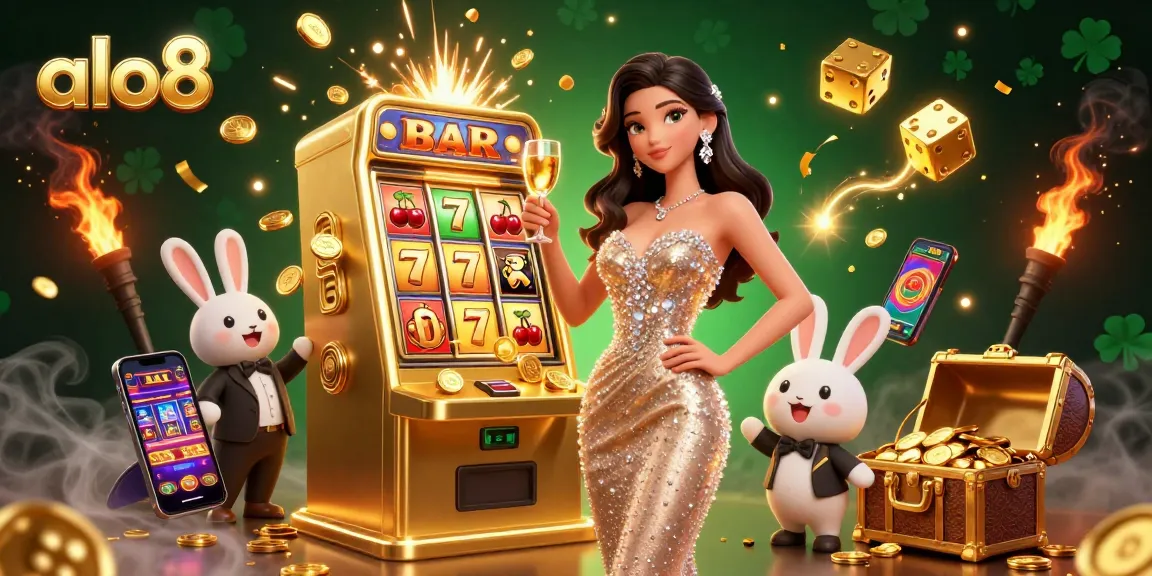 Play at alo8 and enjoy a lavish casino experience with a dazzling jackpot scene featuring a glamorous woman and a bunny croupier.