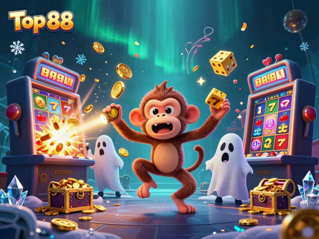 Top 88 lively scene showcasing a cartoon monkey juggling gold casino items in a haunted casino