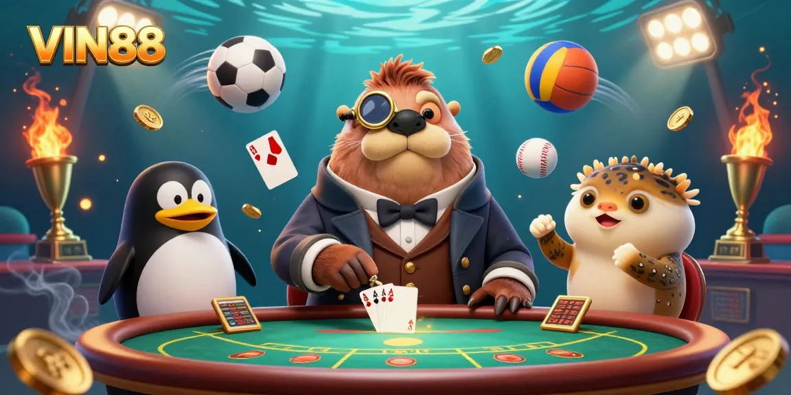 Experience thrilling poker action at VIN88 with cartoon walrus, penguin dealer, and pufferfish bluffing.