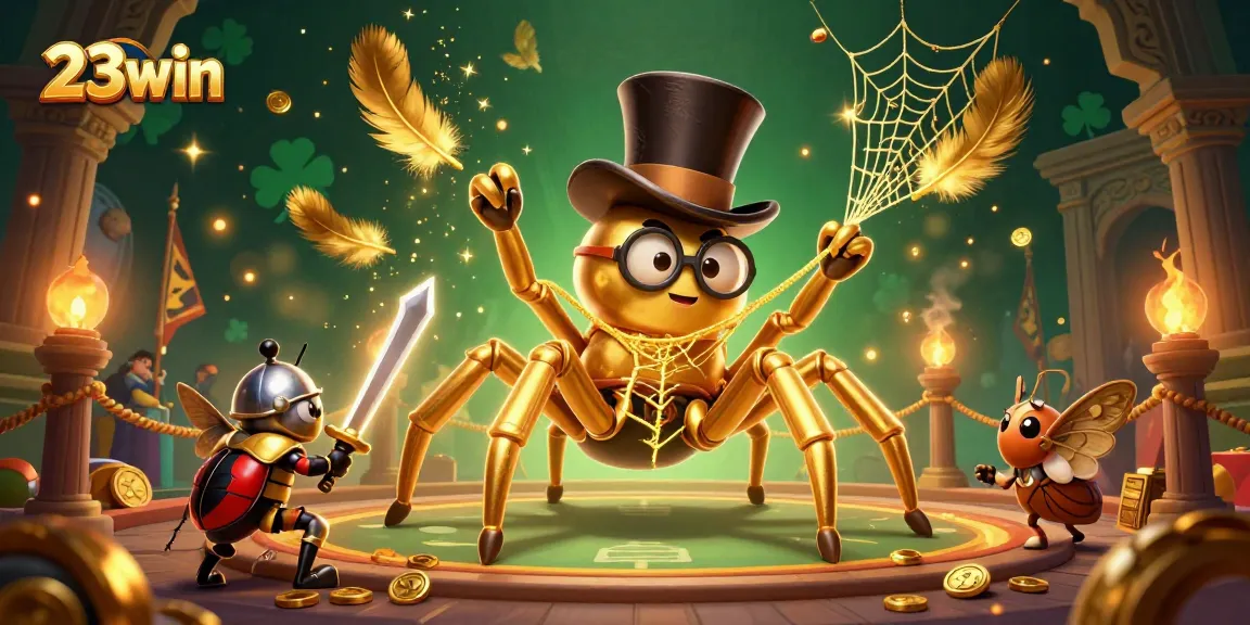 Experience the thrilling world of 23win, where a golden tarantula weaves excitement in the casino atmosphere.