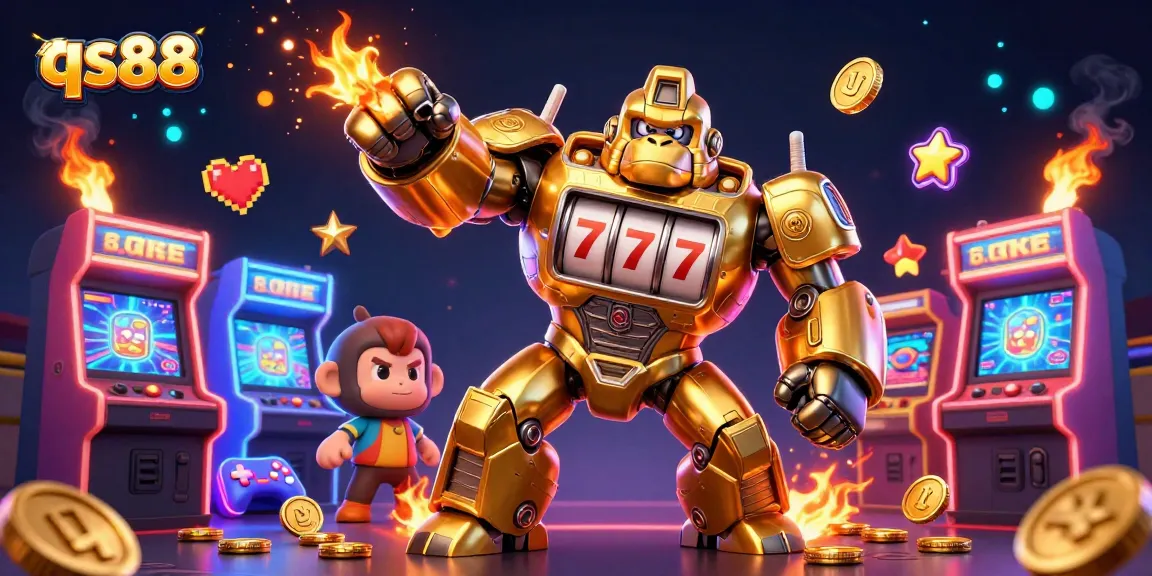 Experience the thrill at qs88 with a dynamic golden gorilla mech surrounded by vibrant gaming elements.