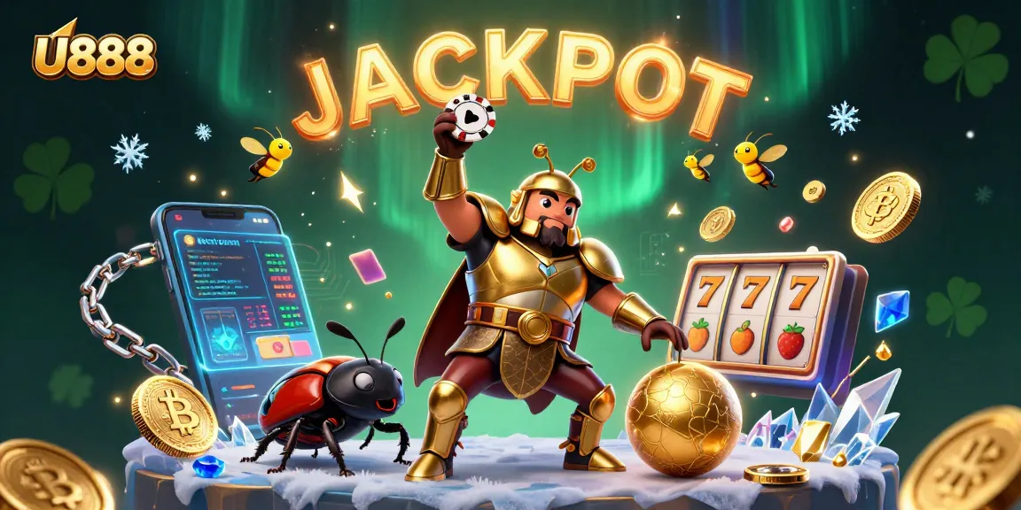 U888 showcases a triumphant beetle character lifting a poker chip, surrounded by vibrant gambling elements.