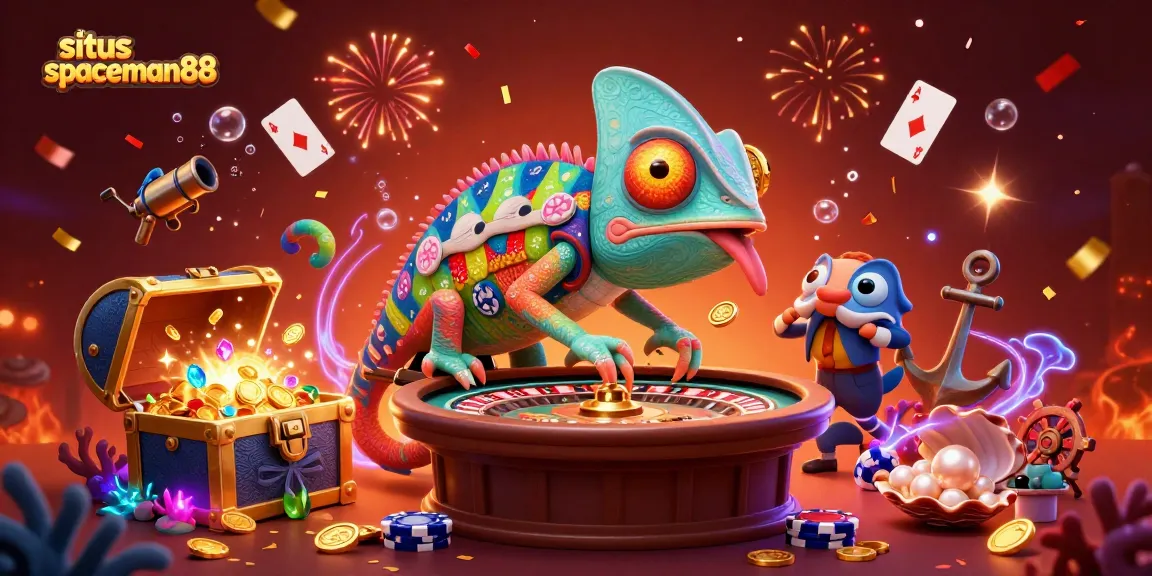 Play and win big at situs spaceman88 with this vibrant 3D casino scene showcasing colorful elements.