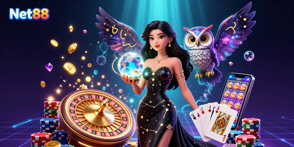 Experience the magic of Net88 with a captivating 3D casino scene featuring a glowing crystal ball, enchanting owl, and dynamic game elements.