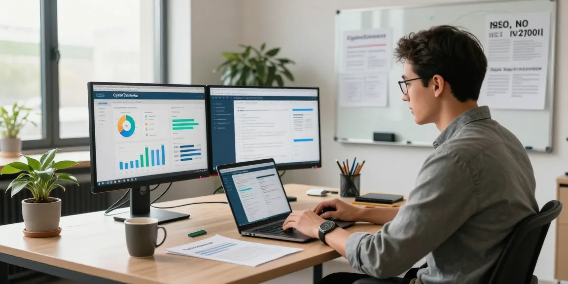 Comparative analysis scene of Cyber Essentials vs ISO 27001 in an IT workspace with dashboards and compliance documents.