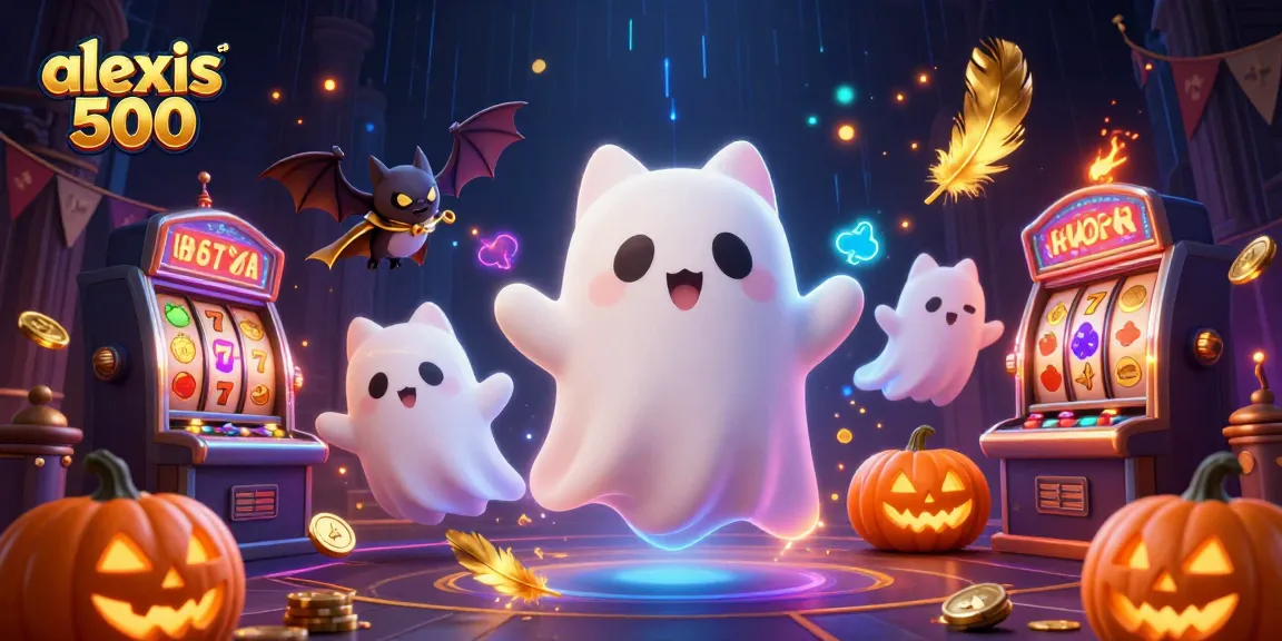 Engage with alexis 500, featuring a ghost cat and vampire bat in a vibrant casino atmosphere.