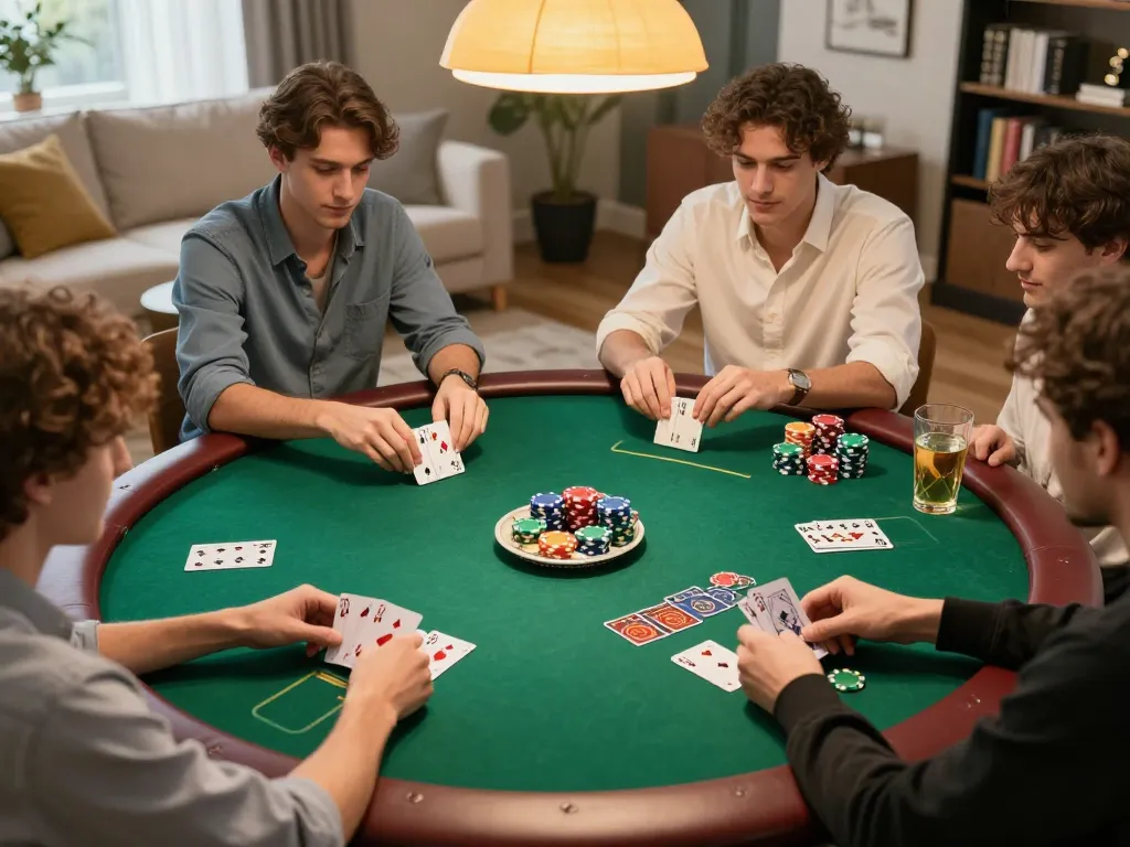Friends playing keonhacai poker night at home, showcasing cards and chips in an engaging atmosphere.