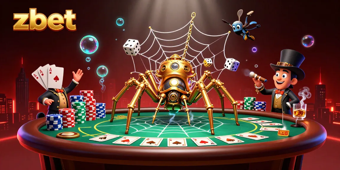 Engaging zbet scene with a steampunk spider creating a web of poker chips, showcasing a lively casino atmosphere.