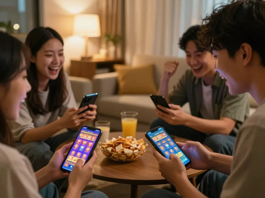 Friends enjoying an exciting slot pulsa gaming session on smartphones in a cozy living room.
