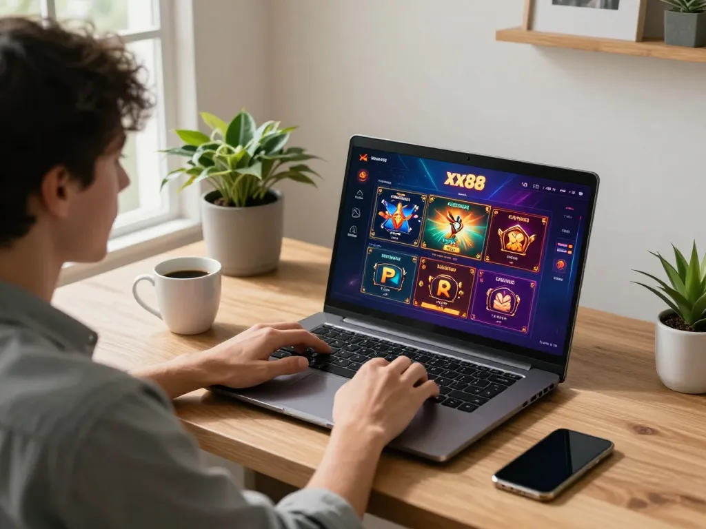 Engaging in online gaming with xx88 asia interface on laptop in a stylish home office