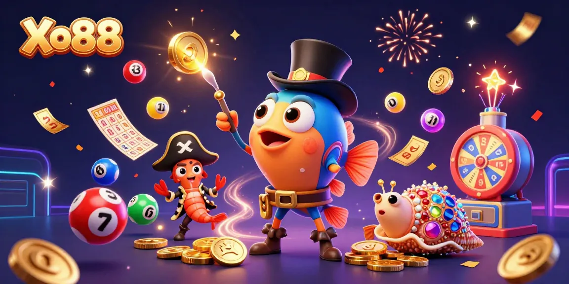 Xo88's vibrant and engaging lottery scene with a charismatic anglerfish, pirate shrimp, and gemstone snail amidst dynamic game elements.