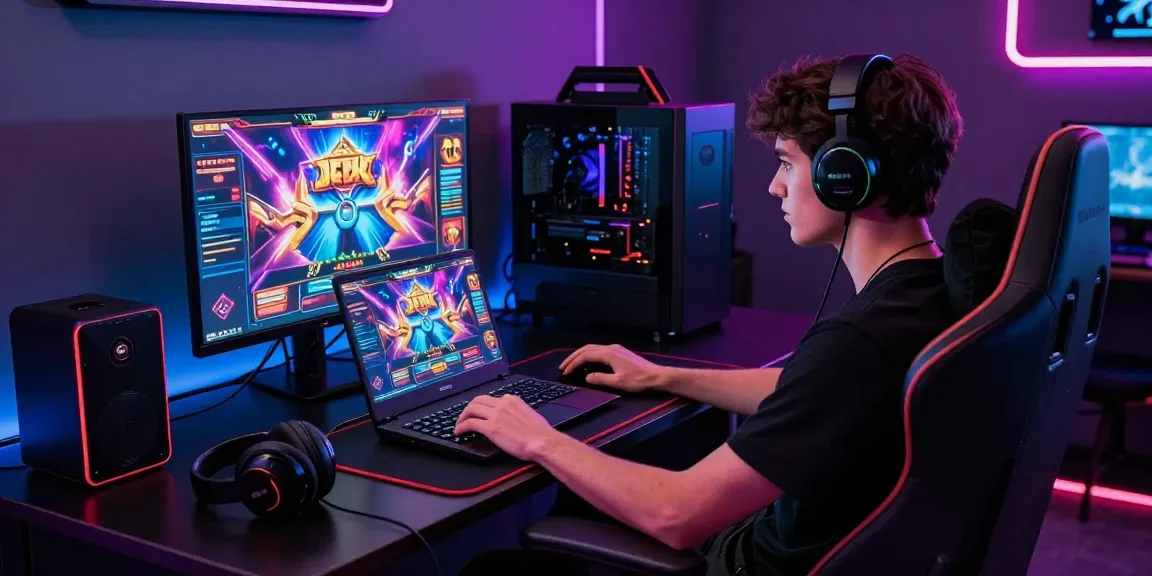 Pengalaman bermain slot online LUXURY777 dalam suasana gaming mewah dengan perangkat modern dan pencahayaan dinamis.