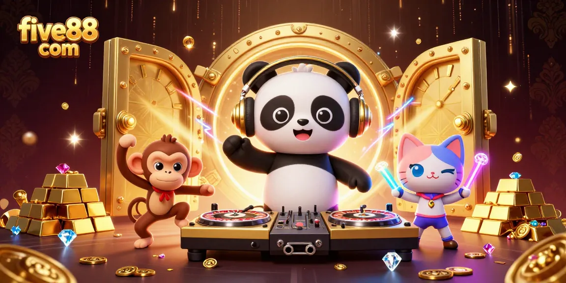 Experience the excitement of five88 com with a vibrant 3D DJ panda and casino-themed elements.