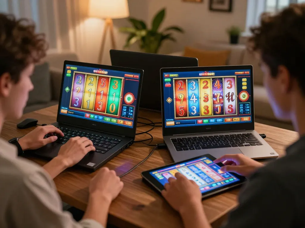 Engaged players exploring situs slot options on multiple devices at home, showcasing vibrant gaming action.