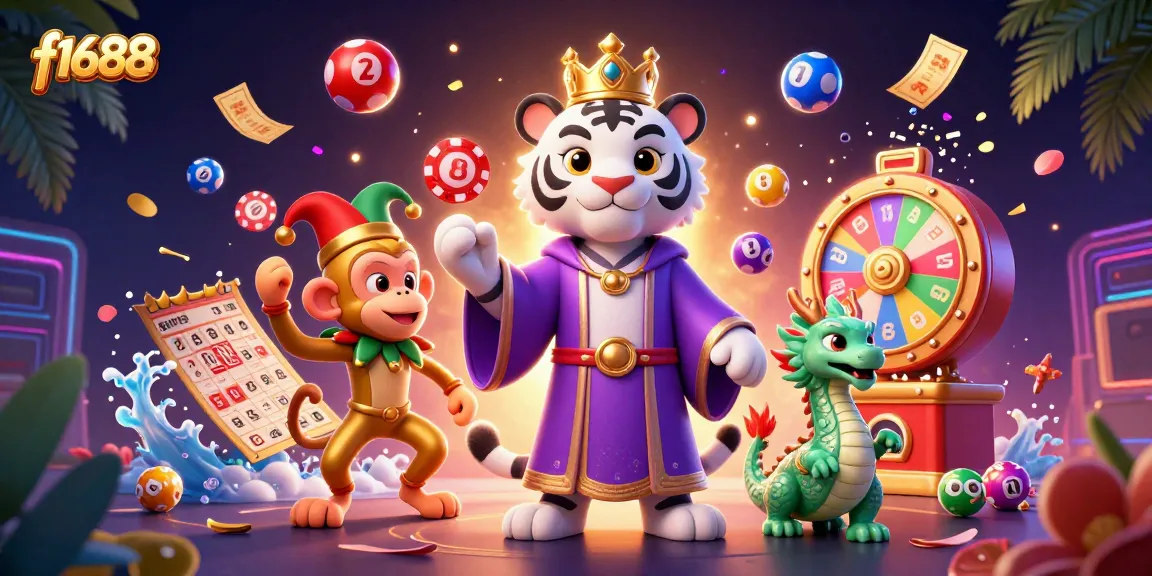 Experience the thrill of f1688 with vibrant casino characters, dynamic lottery elements, and engaging game visuals.