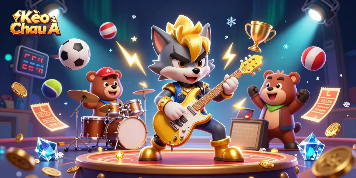 Kèo Châu Á showcases dynamic sports betting excitement with cartoon characters and vibrant casino elements.