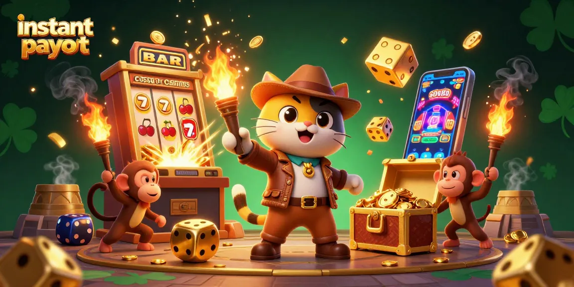 Experience instant payout casinos with exciting 3D treasure hunting featuring a cat archaeologist and a monkey amidst dynamic game elements.