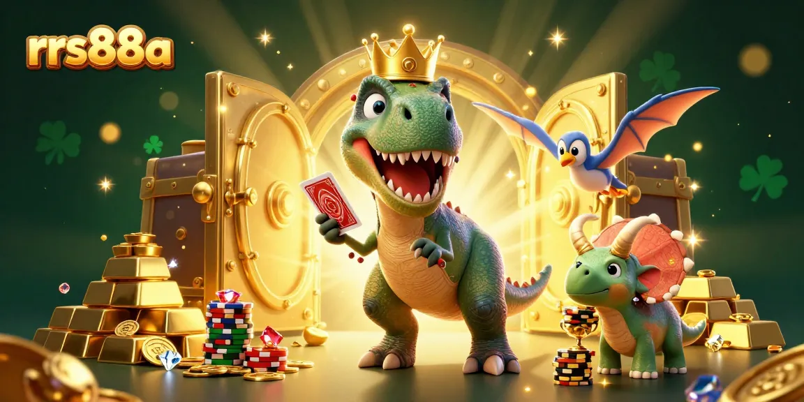 Experience the excitement of rrs88a as dinosaurs delight in casino fun with gold treasures and vibrant game elements.