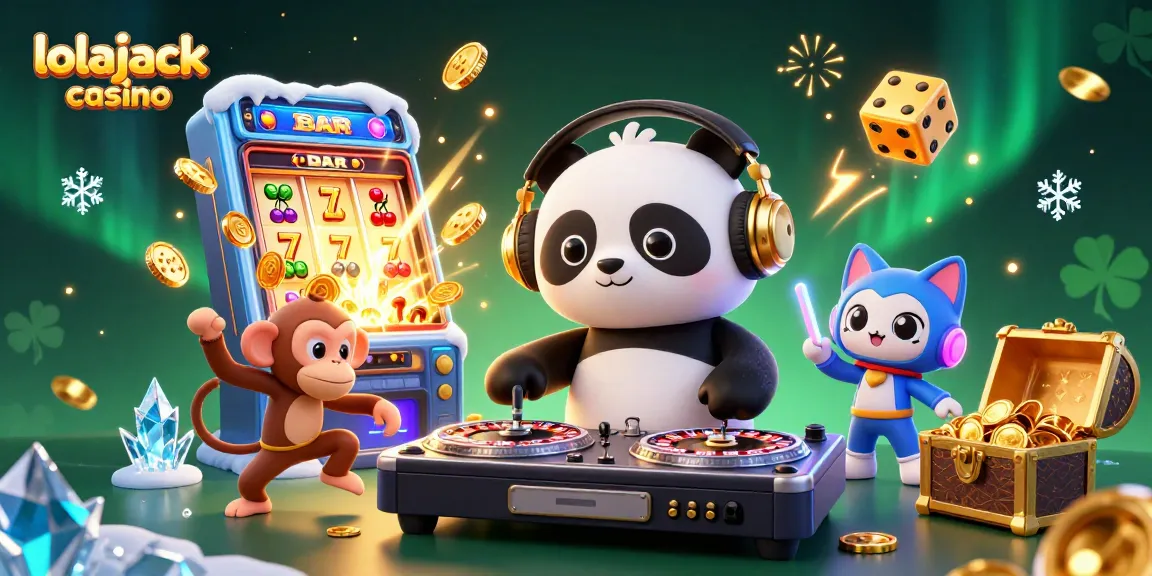 Experience the excitement at lolajack casino with a colorful casino illustration featuring animated characters and gaming elements.