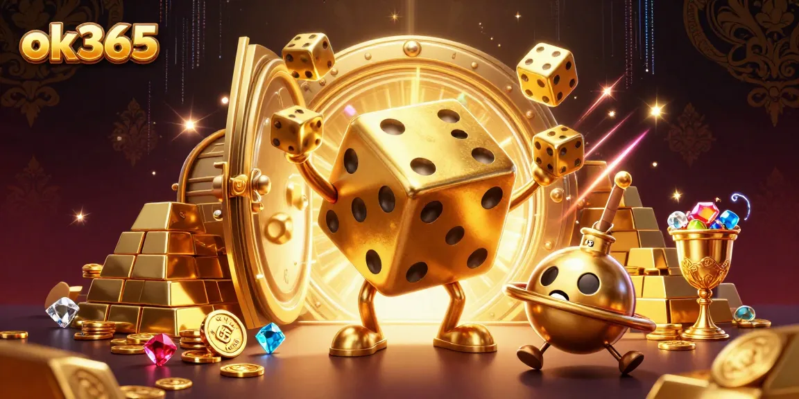 Engage with exciting experiences at ok365, showcasing a golden dice golem juggling golden dice amidst casino treasures.