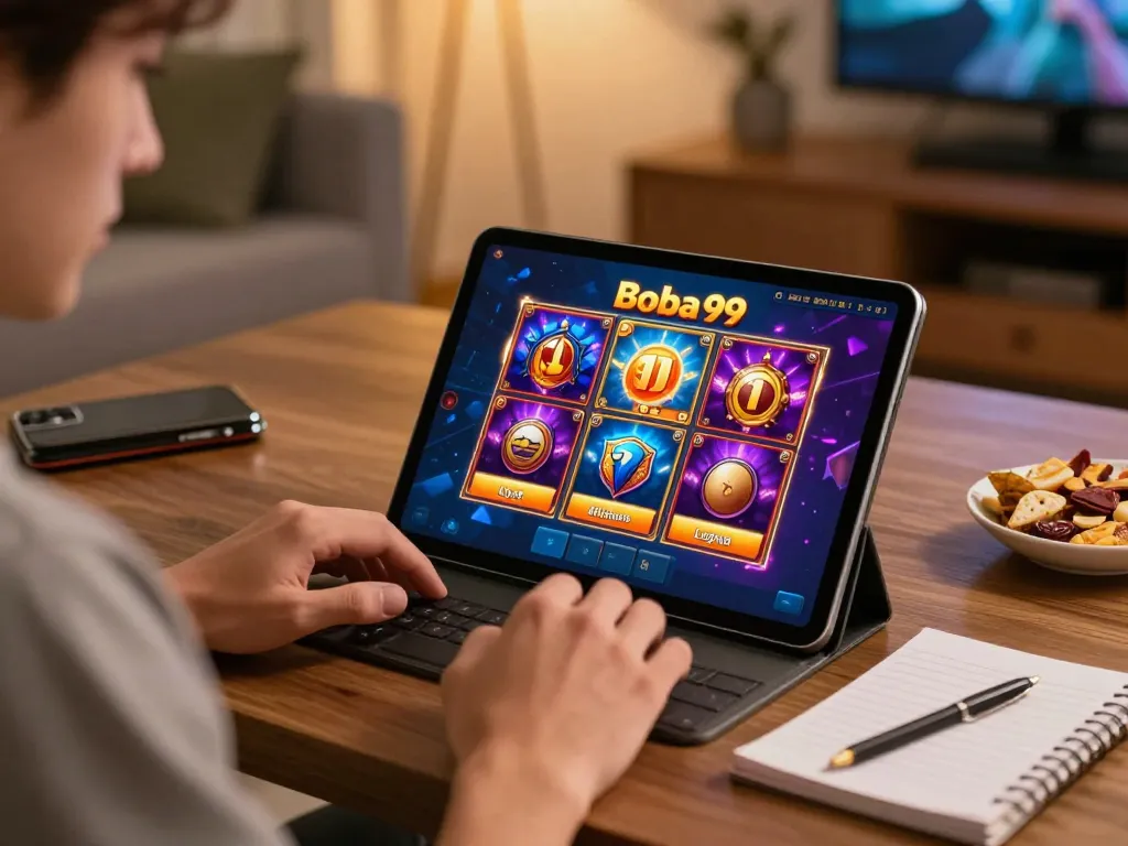 Boba99 Login di tablet, menikmati slot online di lingkungan rumah yang nyaman dengan camilan.