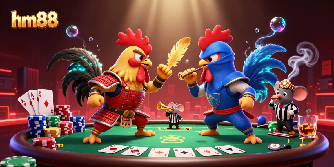Play at hm88 with thrilling roosters battling in a lively gambling scene.