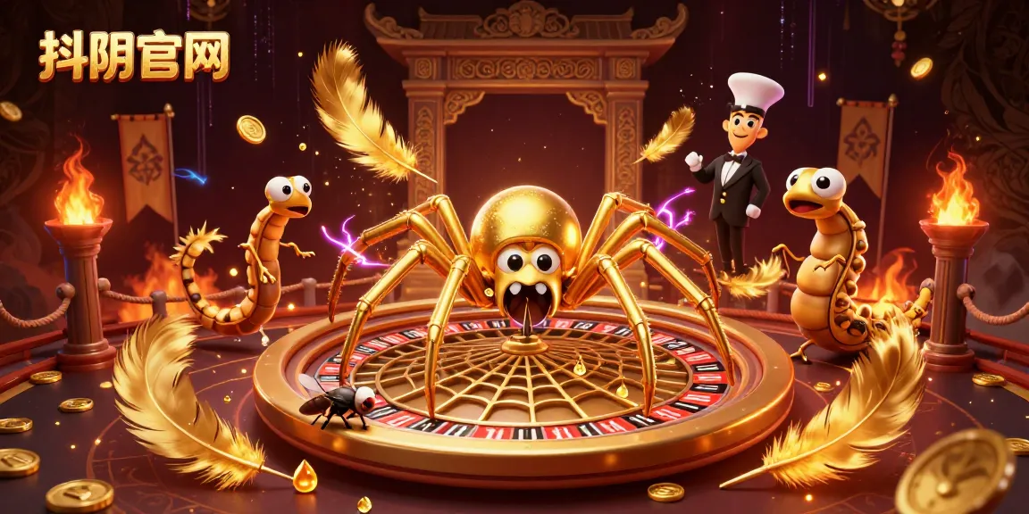 Experience the excitement of 抖阴官网 as a cartoon spider spins a roulette web amidst vibrant casino elements.