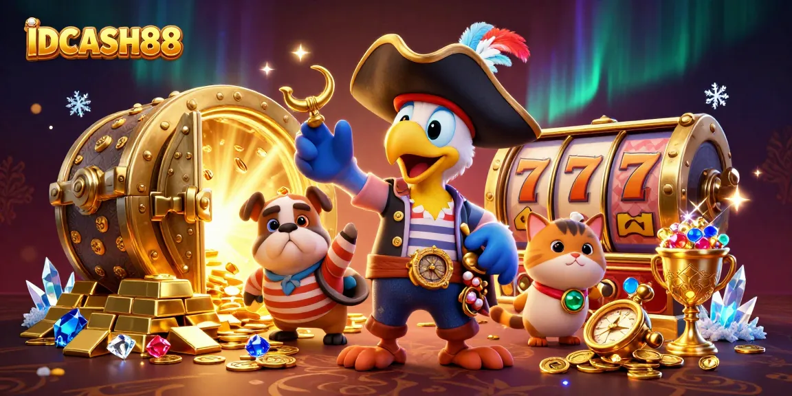 Experience winning with IDCASH88 in a vibrant 3D pirate casino scene filled with jewels and action.