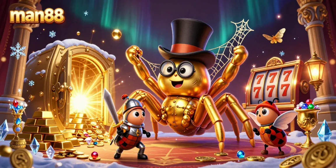 man88 captivates with a vibrant 3D illustration showcasing a golden tarantula amidst casino riches.